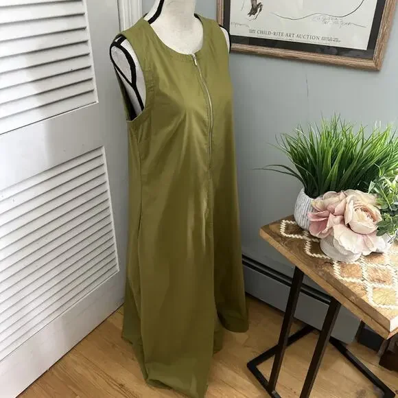 Foil Dress Womens 8 Green Maxi 1/2 Zip Lagenlook Minimalist Bohemian - Picture 3 of 11